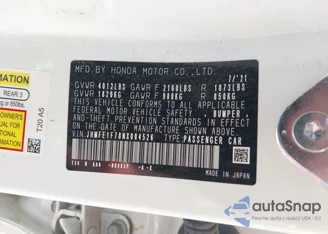 2022 Honda Civic Ex z USA, uszkodzony, nr VIN JHMFE1F78NX004526